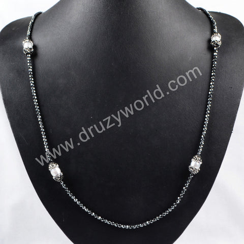 30" Rhinestone Natural White Pearl With Hematite Beaded Black Chain Long Necklace JAB168