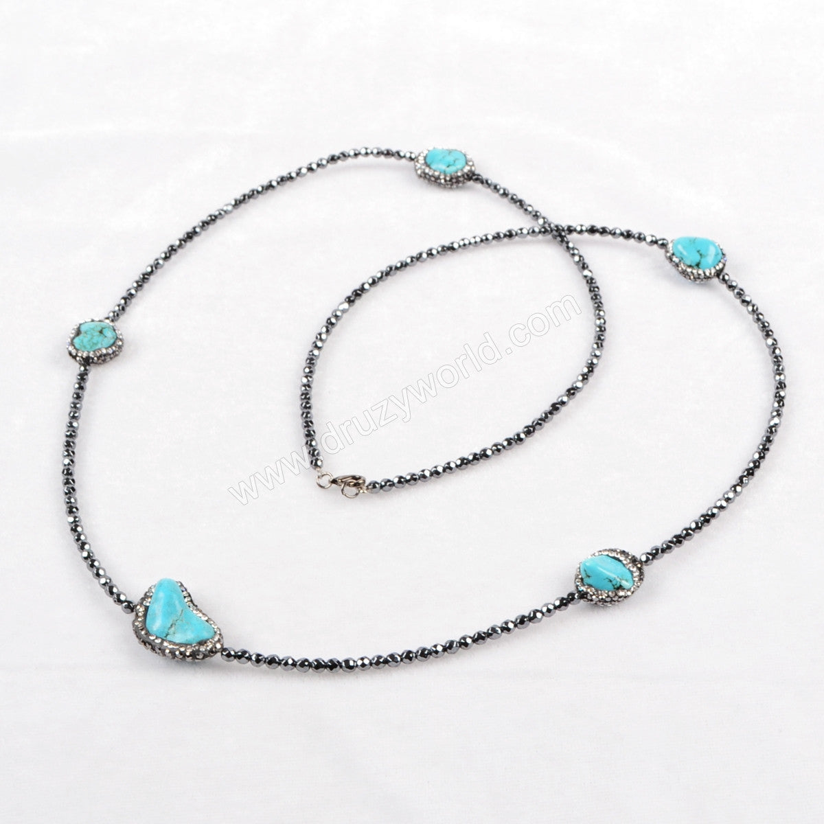30" Rhinestone Freeform Blue Howlite Turquoise With Hematite Beaded Black Chain Necklace JAB170
