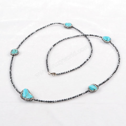 30" Rhinestone Freeform Blue Howlite Turquoise With Hematite Beaded Black Chain Long Necklace JAB170