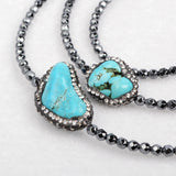 30" Rhinestone Freeform Blue Howlite Turquoise With Hematite Beaded Black Chain Long Necklace JAB170