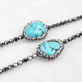 30" Rhinestone Freeform Blue Howlite Turquoise With Hematite Beaded Black Chain Long Necklace JAB170