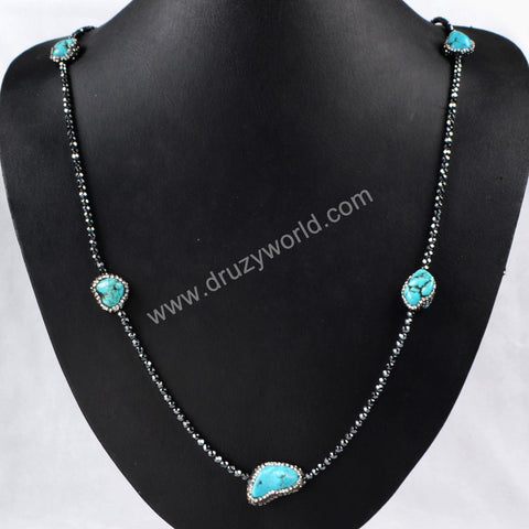 30" Rhinestone Freeform Blue Howlite Turquoise With Hematite Beaded Black Chain Long Necklace JAB170