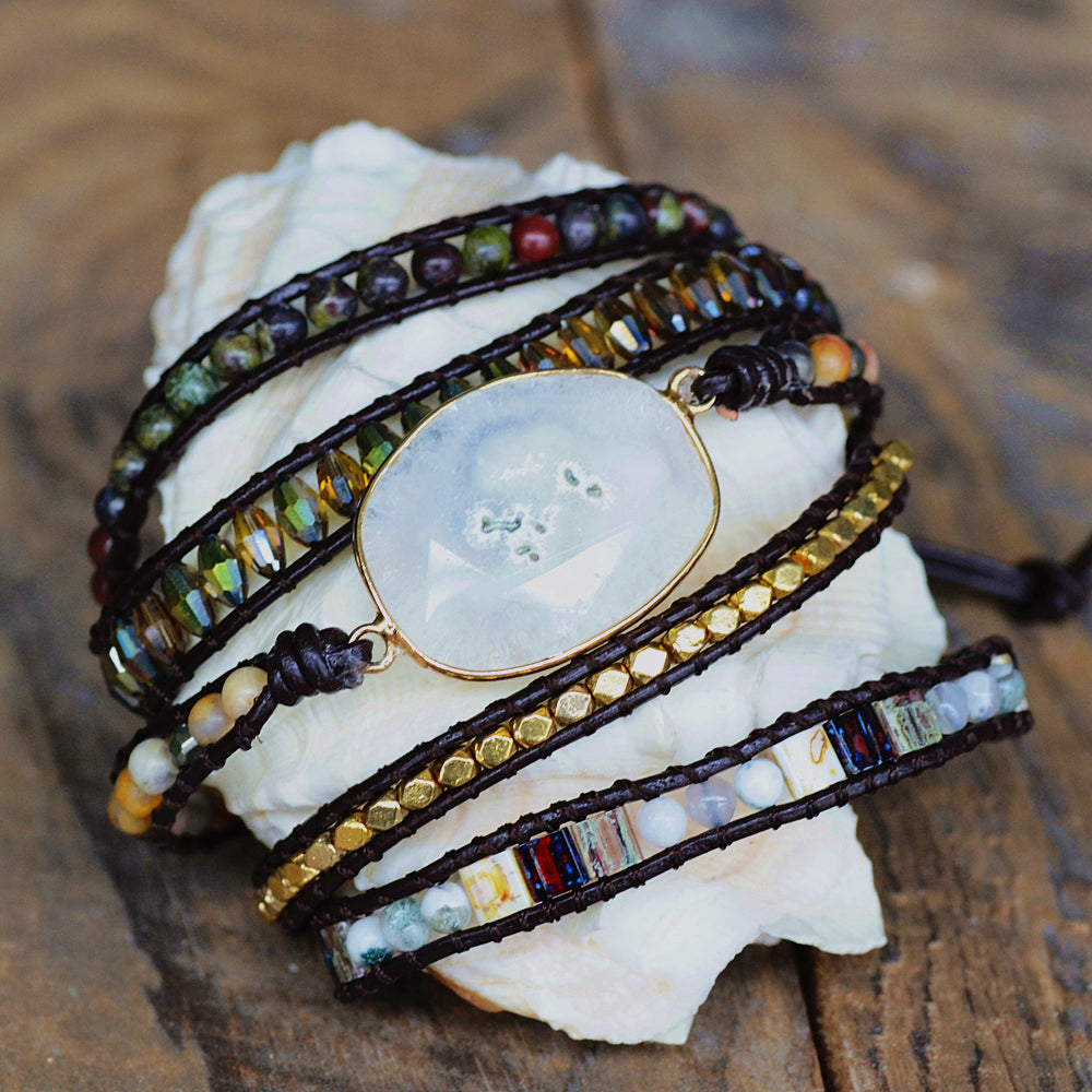 Gold Faceted White Solar Quartz 4mm Stone Beads Layers Leather Wrap Bracelet, Handmade Boho Jewelry HD0265