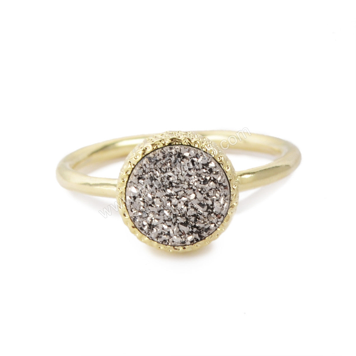 Gold Plated Bezel Round Natural Agate Titanium Druzy Ring, 8mm Gemstone Ring Jewelry ZG059