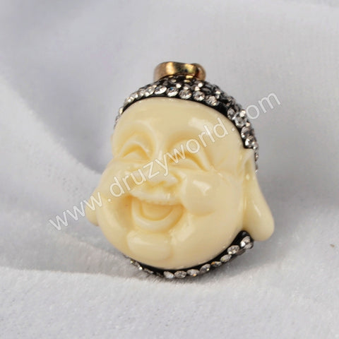 Resin Ox Bone Carved Smile Buddha Head With Rhinestone Pave Pendant Bead JAB035