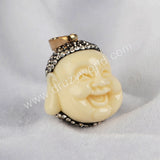 Resin Ox Bone Carved Smile Buddha Head With Rhinestone Pave Pendant Bead JAB035