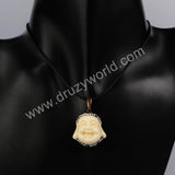 Resin Ox Bone Carved Smile Buddha Head With Rhinestone Pave Pendant Bead JAB035