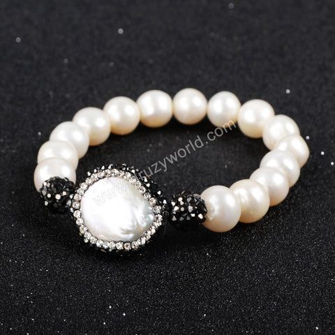 Rhinestone Natural White Pearl Coin & Pearl Beaded Stretch Bracelet JAB152