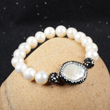 Rhinestone Natural White Pearl Coin & Pearl Beaded Stretch Bracelet JAB152