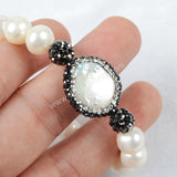 Rhinestone Natural White Pearl Coin & Pearl Beaded Stretch Bracelet JAB152