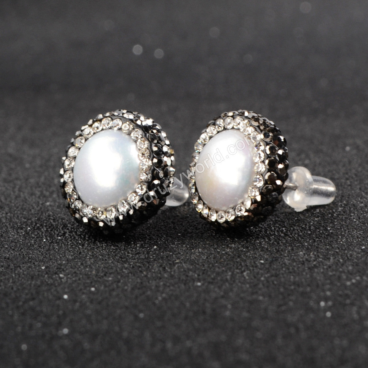 925 Silver Round Natural Pearl Stud Earrings With Zircon Rhinestone Pave JAB046