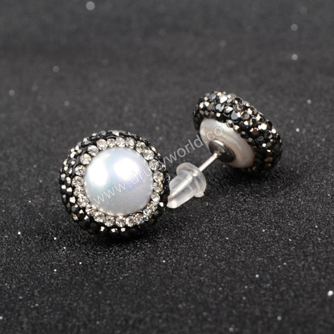 925 Silver Round Natural Pearl Stud Earrings With Zircon Rhinestone Pave JAB046