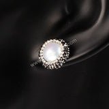 925 Silver Round Natural Pearl Stud Earrings With Zircon Rhinestone Pave JAB046