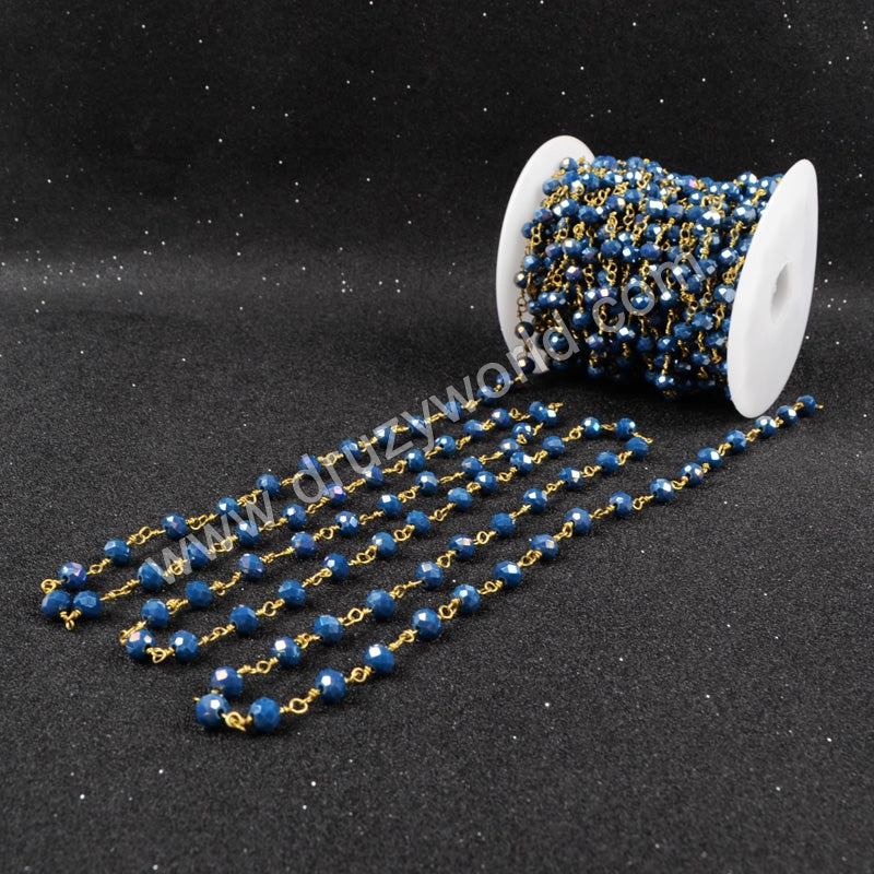 5m/lot,Gold Plated Or Silver Plated Ink Blue Jade Quartz Beaded Chains JT033