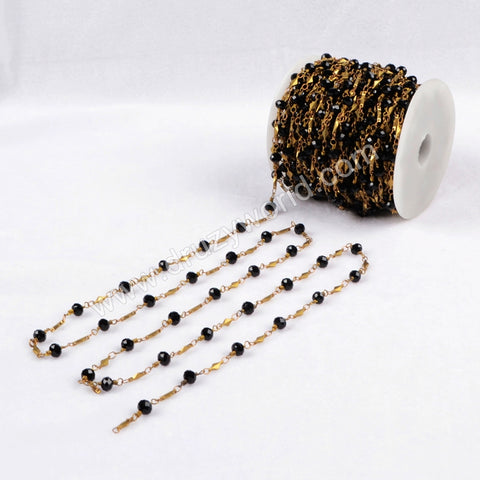 5m/lot,Gold Plated Or Silver Plated Black Round Jade Quartz Facted Beaded Chains JT078