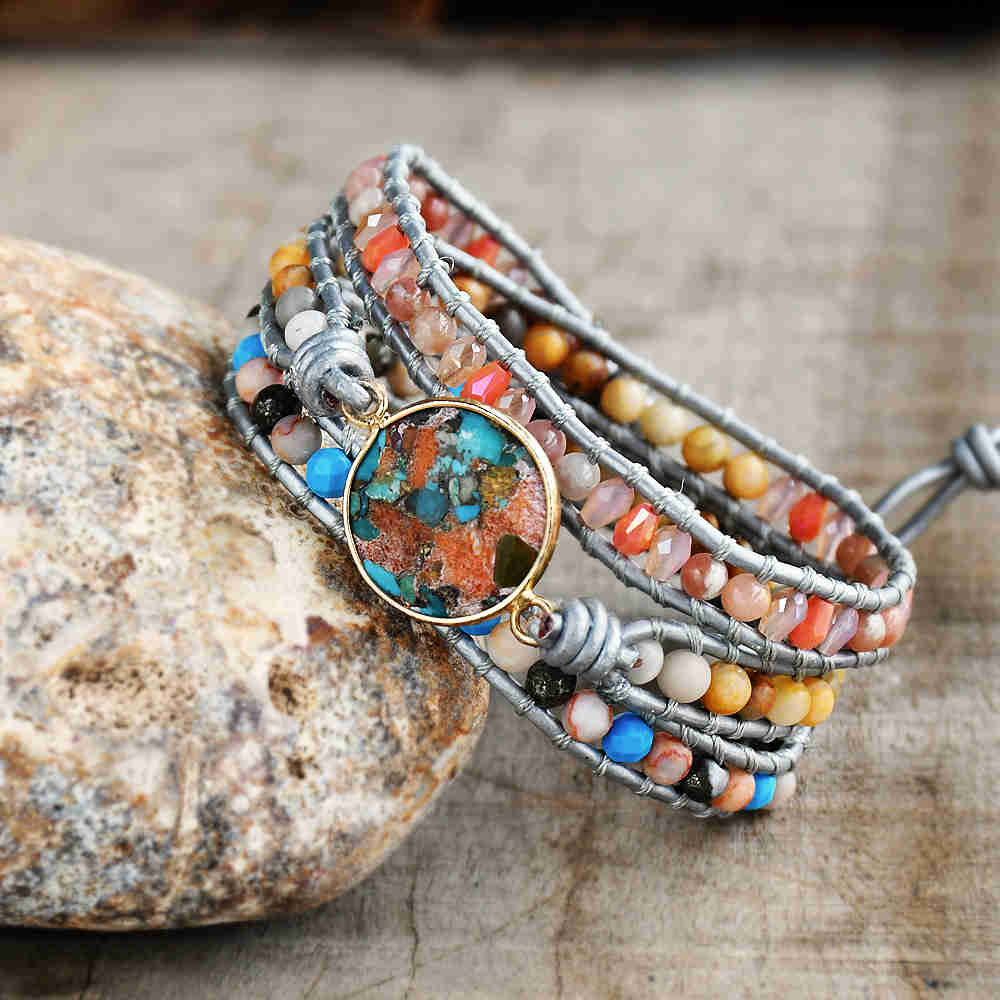 Gold Round Copper Coral Turquoise Bracelet, Leather Wrap Bracelet, Healing Crystal Stone Beaded Bracelet, Rainbow Gemstone Bracelet Jewelry HD0281 