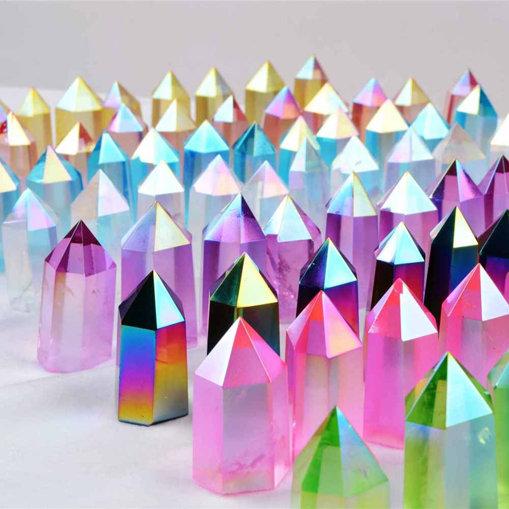 Angel Aura Quartz Obelisk Titanium Rainbow Crystal Point Home Decor, Healing Crystal Jewelry Desktop Ornament