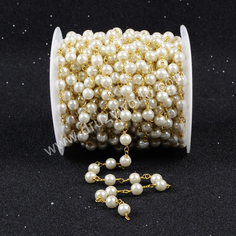 5m/lot,Gold Plated Or Silver Plated Imitation White Round Pearl Beads Chains JT083