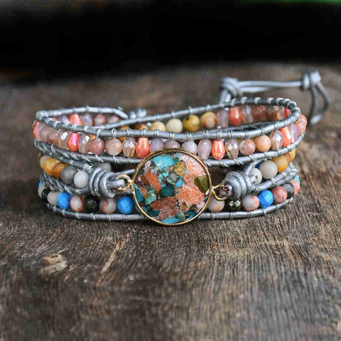 Gold Coral Copper Turquoise 4mm Stone Beads Layers Leather Wrap Bracelet, Handmade Gemstone Boho Jewelry HD0281