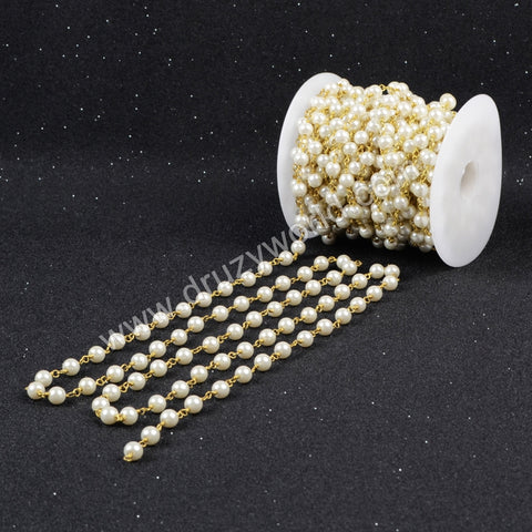 5m/lot,Gold Plated Or Silver Plated Imitation White Round Pearl Beads Chains JT083