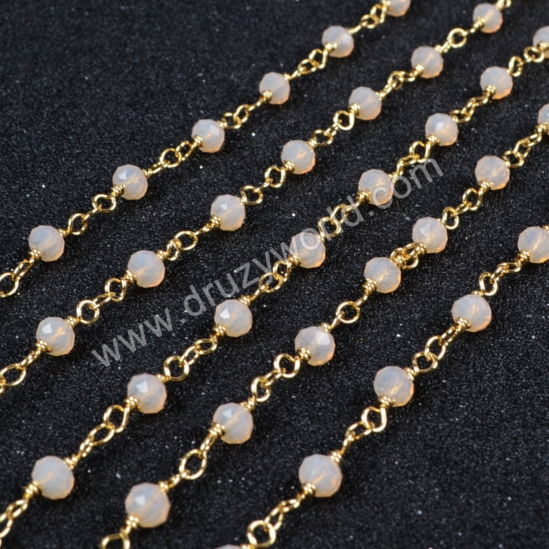 5m/lot,Gold Plated Or Silver Plated Pink Jade Quartz Beaded Chains JT041