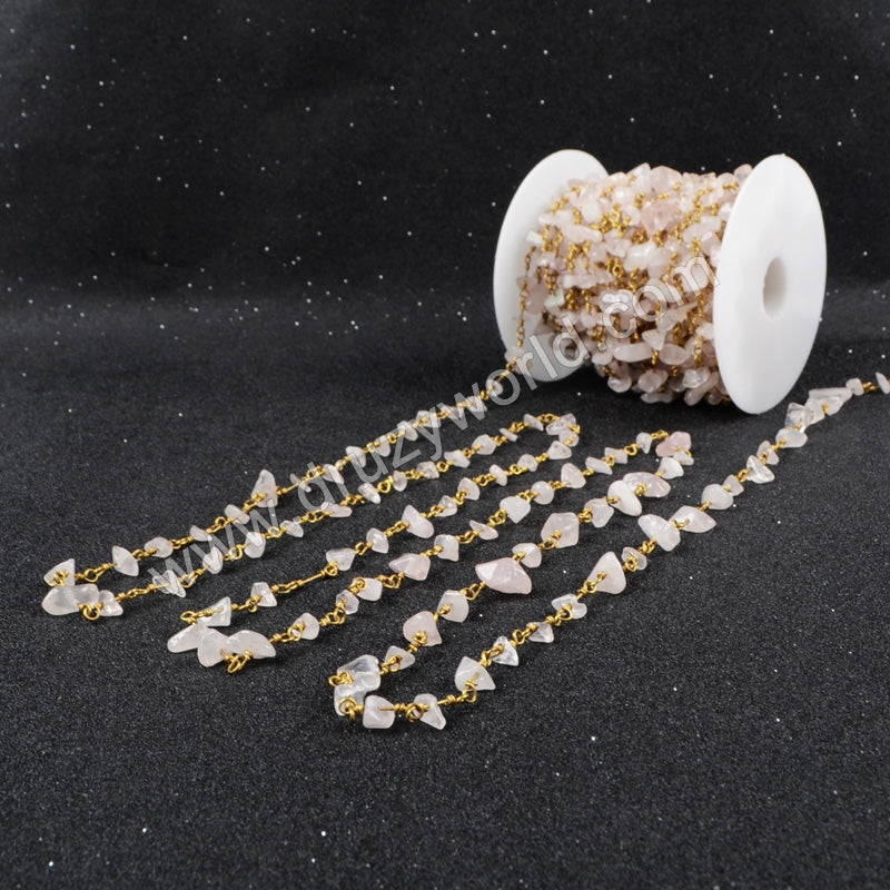 5m/lot,Gold Plated Or Silver Plated Natural Rose Quartz Chips Beaded Chains JT042