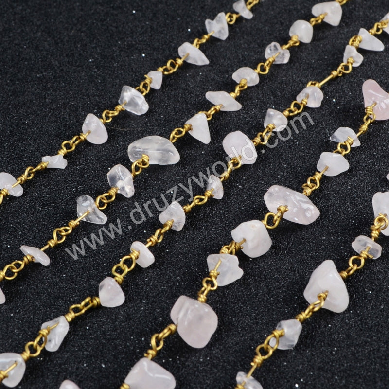 5m/lot,Gold Plated Or Silver Plated Natural Rose Quartz Chips Beaded Chains JT042