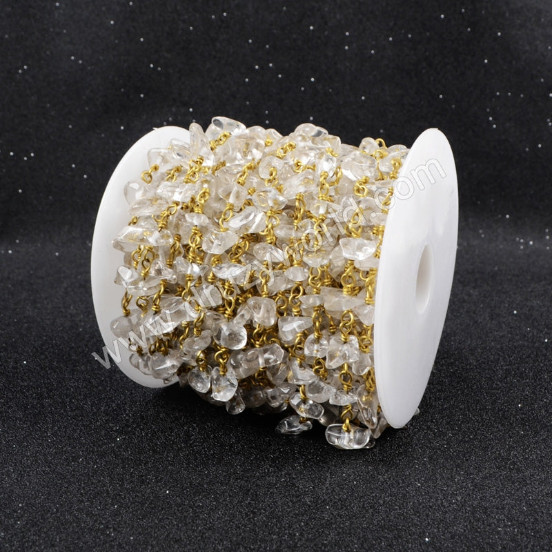 5m/lot,Gold Plated Or Silver Plated Natural White Quartz Chips Beaded Chains JT043