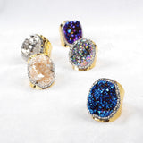 Gold Plated Rainbow Titanium Agate Druzy Geode Ring Paved Zircon JAB255