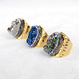 Gold Plated Rainbow Titanium Agate Druzy Geode Ring Paved Zircon JAB255