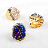 Gold Plated Rainbow Titanium Agate Druzy Geode Ring Paved Zircon JAB255