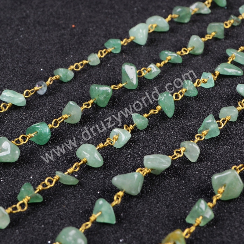 5m/lot,Gold Plated Or Silver Plated Green Aventurine Chips Beaded Chains JT047