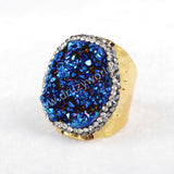 Gold Plated Rainbow Titanium Agate Druzy Geode Ring Paved Zircon JAB255