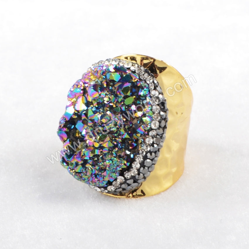 Gold Plated Rainbow Agate Titanium Druzy Quartz Ring Paved Zircon JAB255