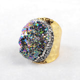 Gold Plated Rainbow Titanium Agate Druzy Geode Ring Paved Zircon JAB255