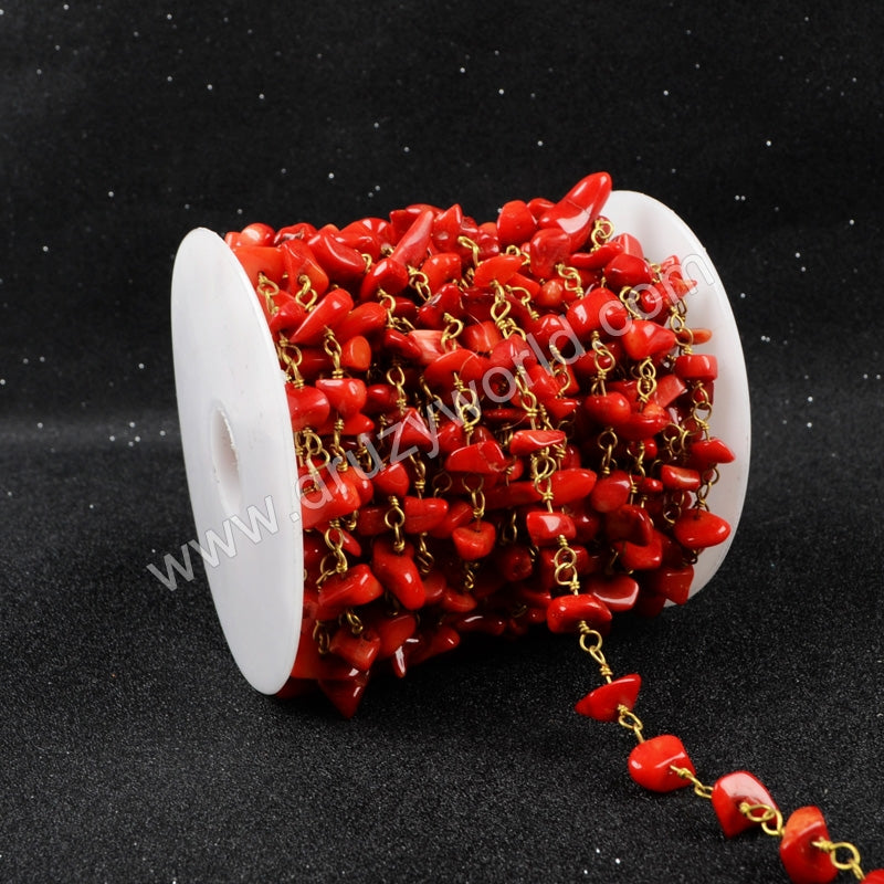 5m/lot,Gold Plated Or Silver Plated Natural Red Coral Chips Beaded Chains JT049