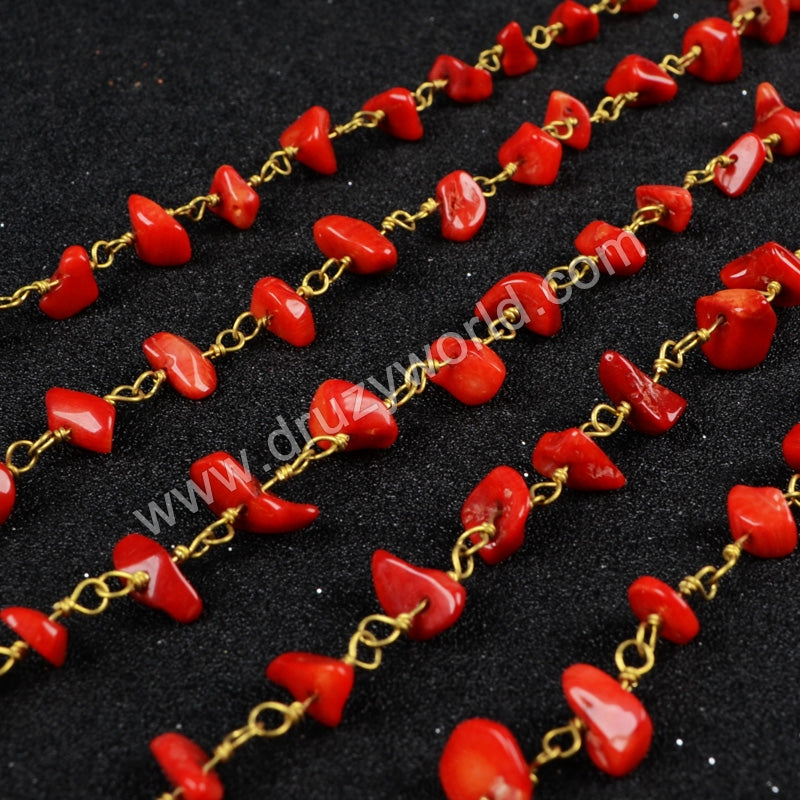 5m/lot,Gold Plated Or Silver Plated Natural Red Coral Chips Beaded Chains JT049