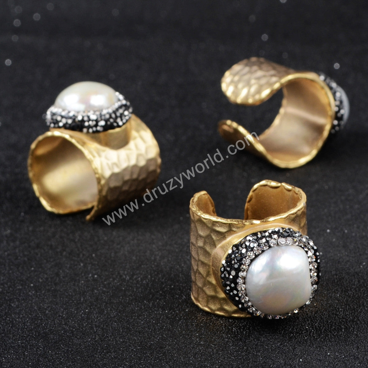 Gold Plated Natural White Pearl Paved Black Zircon Band Ring Cuff JAB181