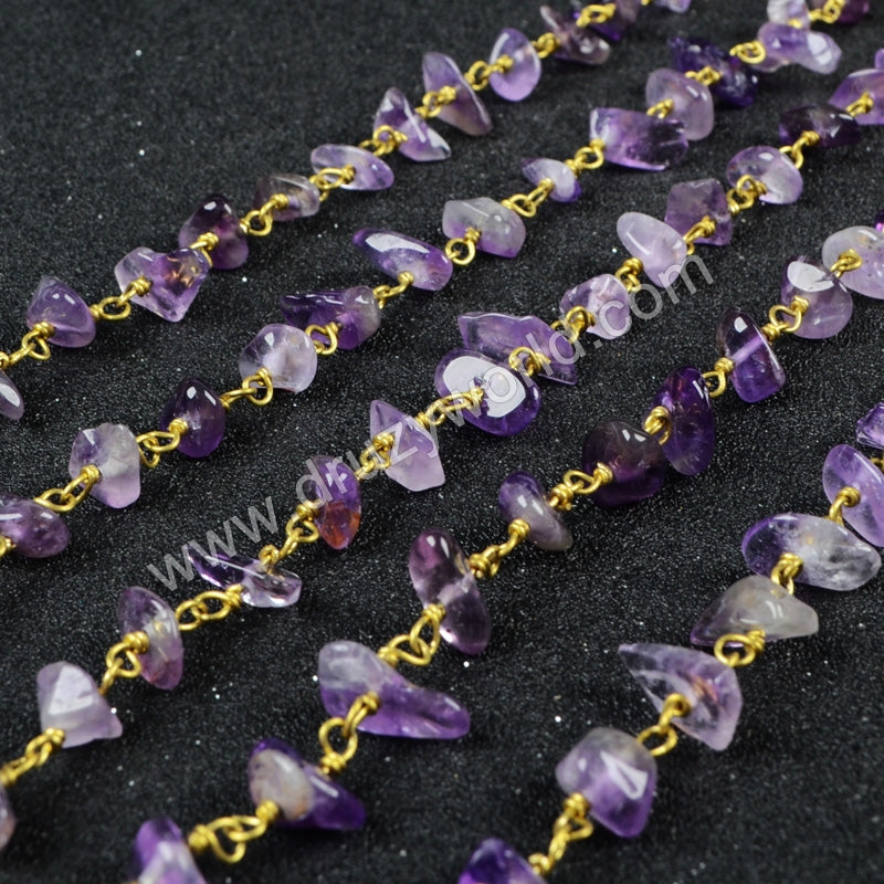 5m/lot,Gold Plated Or Silver Plated Natural Amethyst Chips Beaded Chains JT053