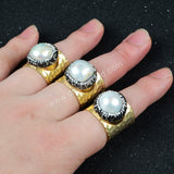 Gold Plated Natural White Pearl Paved Black Zircon Band Ring Cuff JAB181