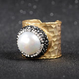 Gold Plated Natural White Pearl Paved Black Zircon Band Ring Cuff JAB181