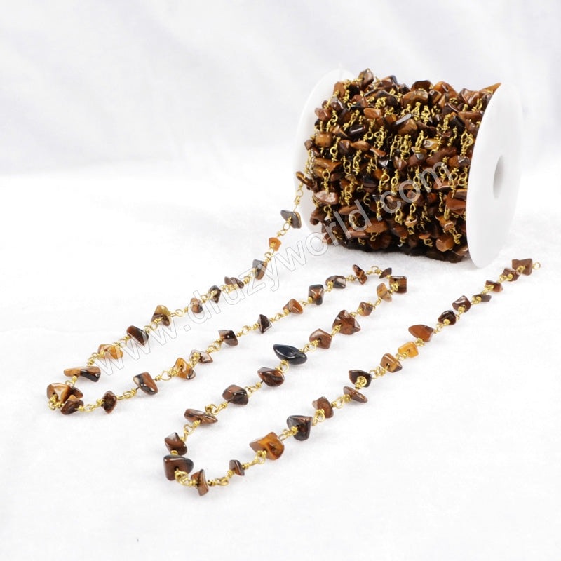 5m/lot,Gold Plated Or Silver Plated Tiger's Eye Chips Beaded Chains JT054