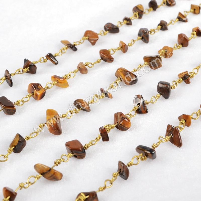 5m/lot,Gold Plated Or Silver Plated Tiger's Eye Chips Beaded Chains JT054
