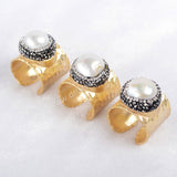 Gold Plated Natural White Pearl Paved Black Zircon Band Ring Cuff JAB181