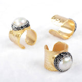 Gold Plated Natural White Pearl Paved Black Zircon Band Ring Cuff JAB181