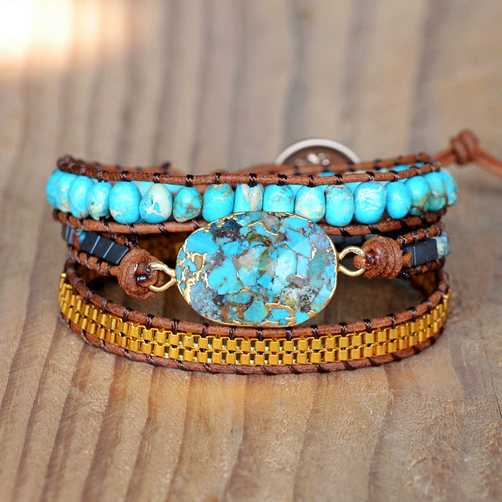 Gold Faceted Copper Turquoise & Multi Stone Beads Layers Leather Wrap Bracelet, Handmade Boho Jewelry HD0269