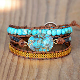 Gold Plated Copper Turquoise Faceted Bracelet, Multi Stones Beads Bracelet, 3-Layers Leather Wrap Bracelet, Handmade Boho Jewelry HD0269