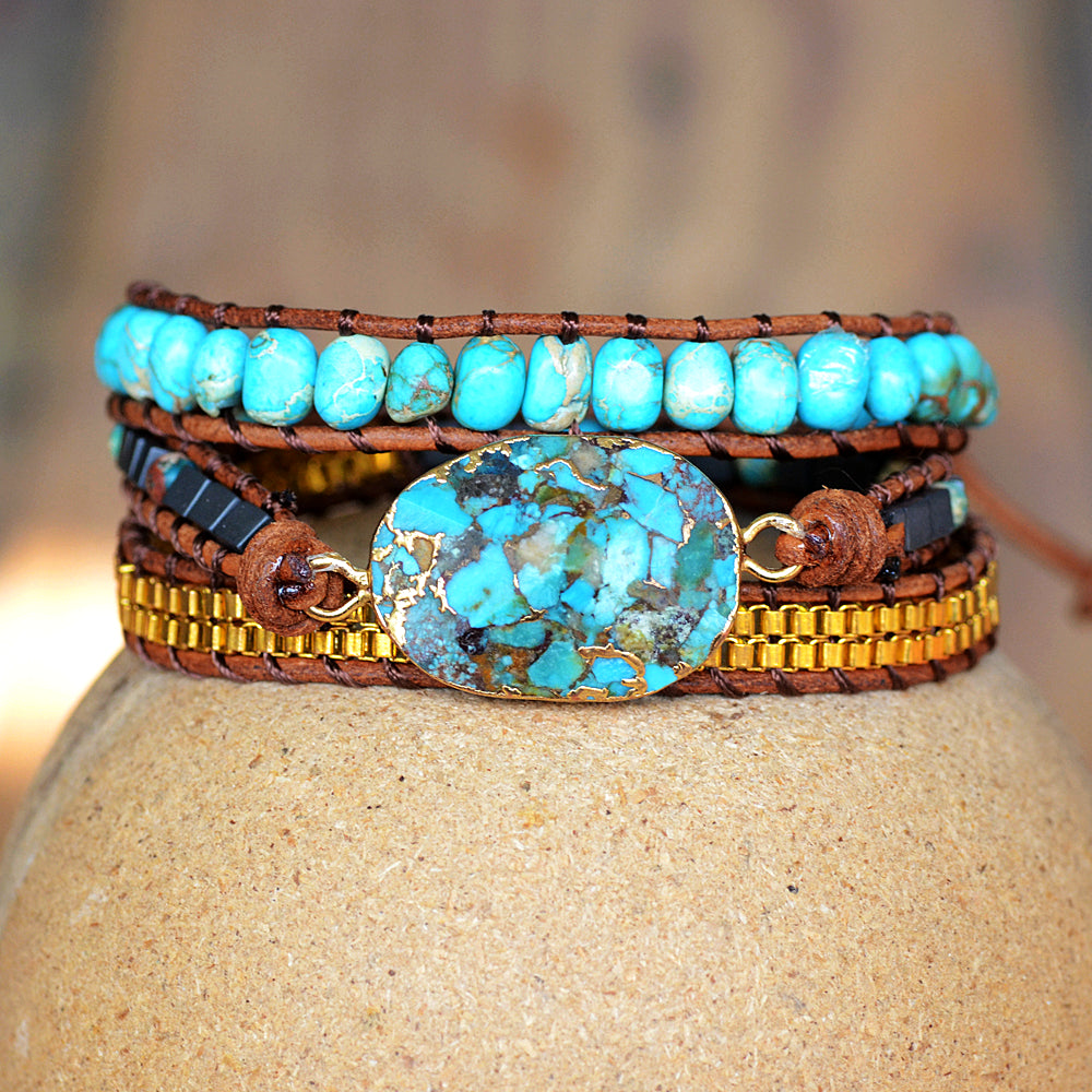 Gold Plated Copper Turquoise Faceted Bracelet, Multi Stones Beads Bracelet, 3-Layers Leather Wrap Bracelet, Handmade Boho Jewelry HD0269