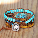 Gold Plated Copper Turquoise Faceted Bracelet, Multi Stones Beads Bracelet, 3-Layers Leather Wrap Bracelet, Handmade Boho Jewelry HD0269