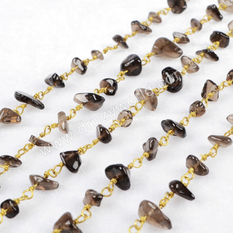 5m/lot,Gold Plated Or Silver Plated Smoky Quartz Chips Beaded Chains JT055